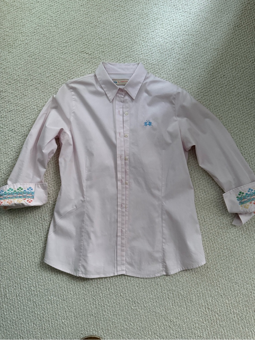 Classic Pink Button-Down Shirt with Embroidered Cuffs